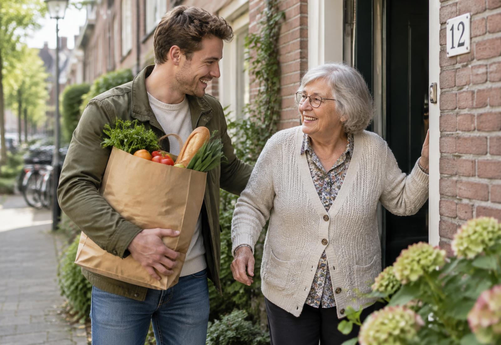 Buurtgenoot brengt boodschappen bij een oudere vrouw thuis